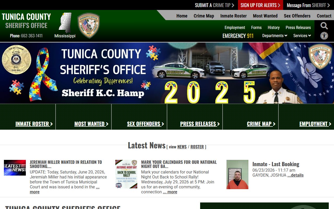Tunica County Sheriff's Office home page for arrest records
