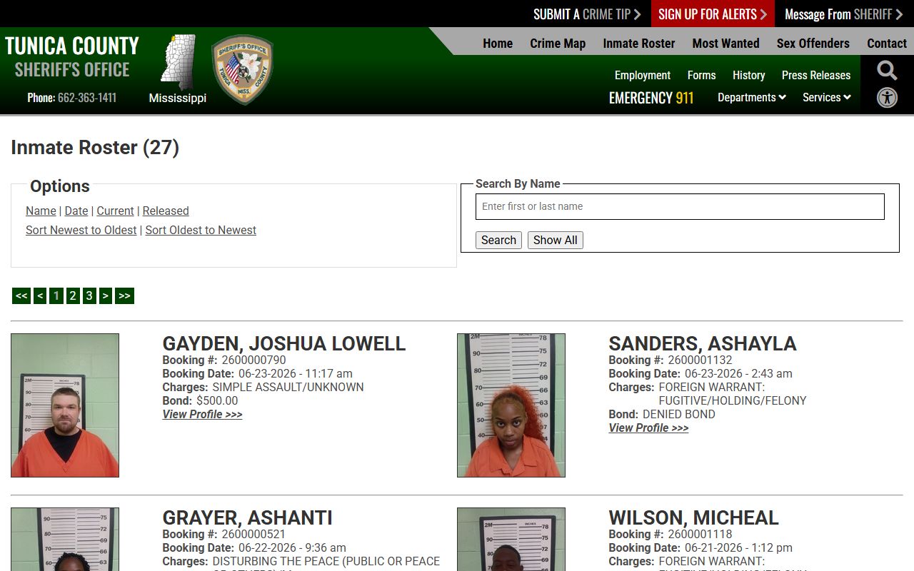 Tunica County current inmate roster showing arrest booking entries