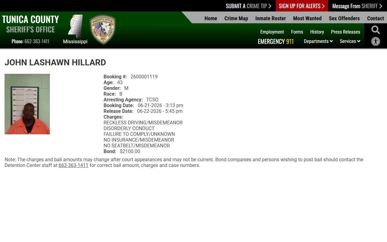 Tunica County sample inmate profile with arrest charges and bond