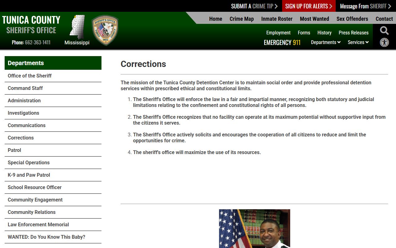 Tunica County Sheriff corrections page for arrest and detention records
