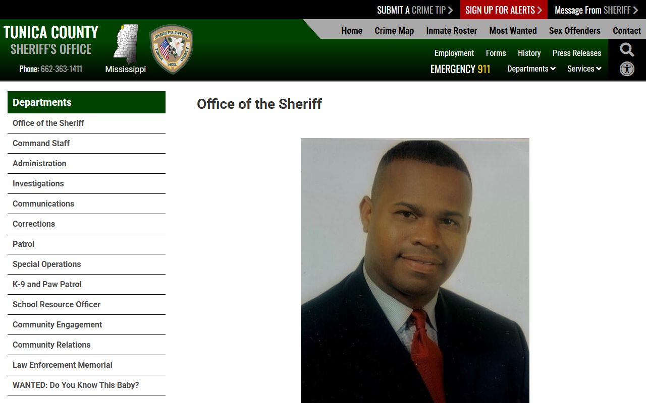 Tunica County Office of the Sheriff page tied to arrest records