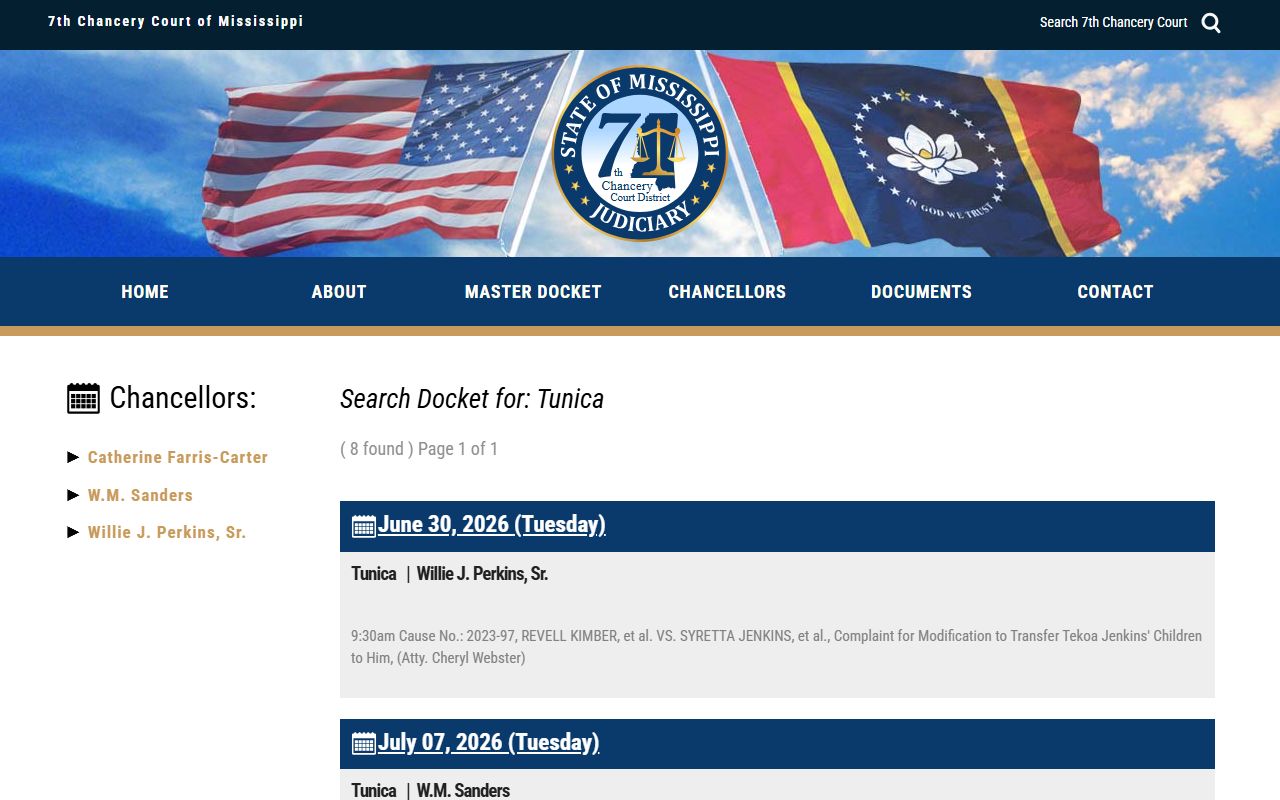 Tunica County chancery court docket location page and court records calendar