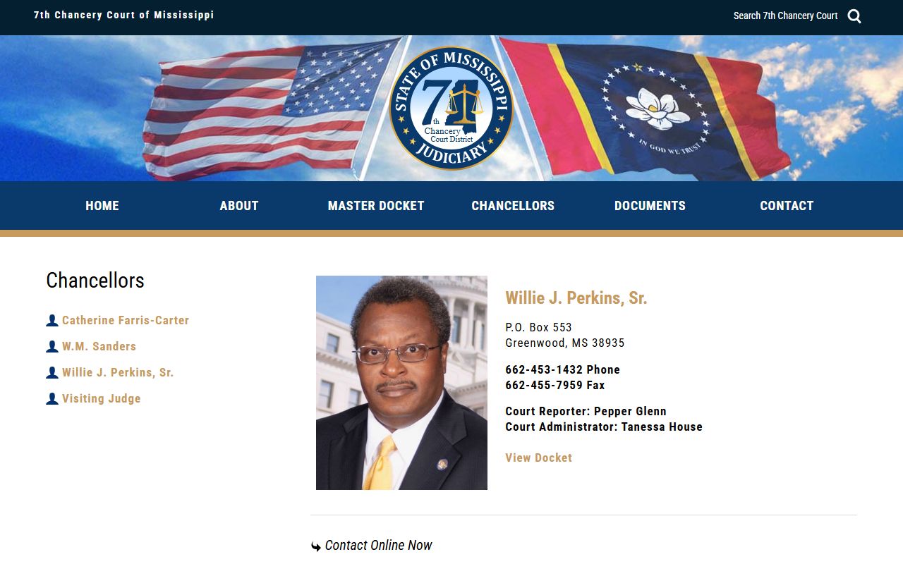 Tunica County chancellor Willie J. Perkins Sr. court records and docket page