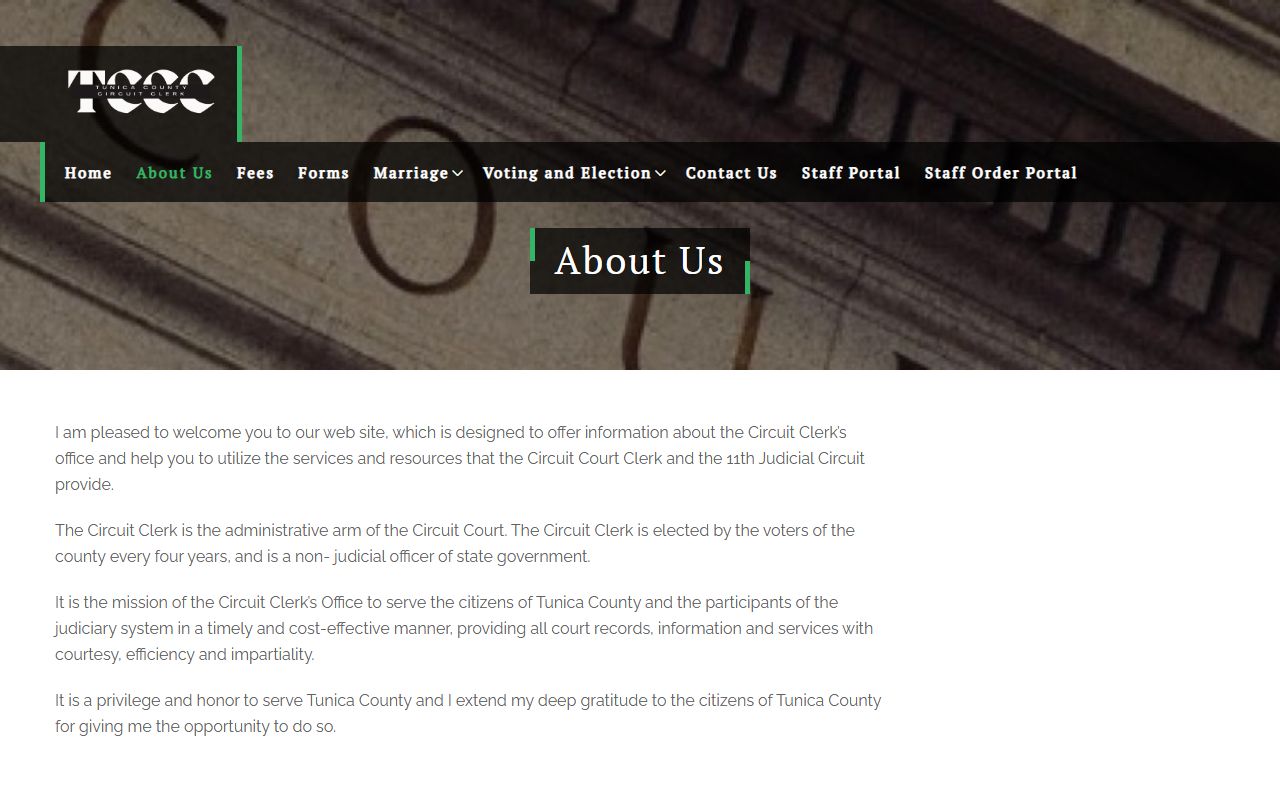 Tunica County Circuit Clerk About page describing court records duties
