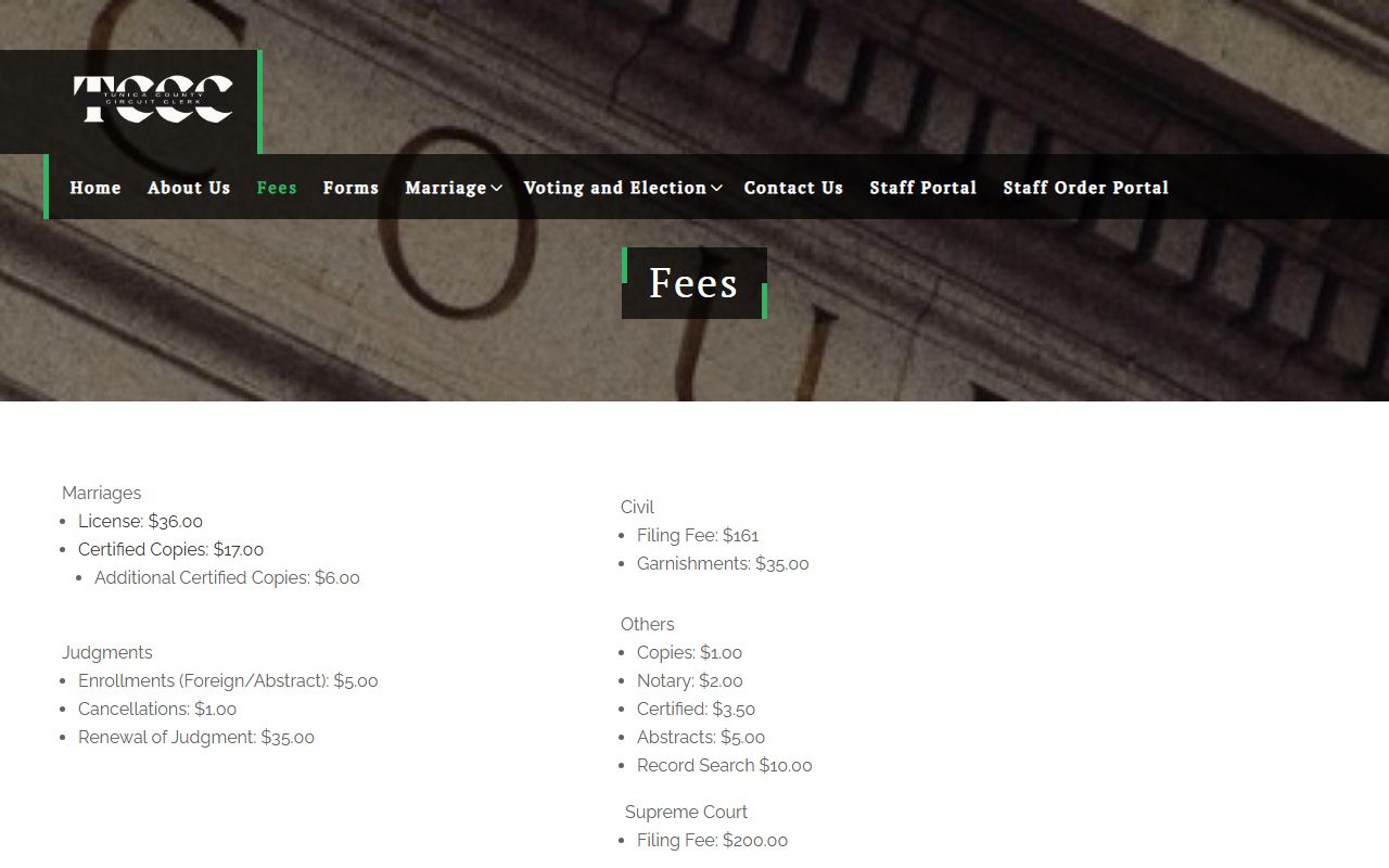 Tunica County Circuit Clerk fees page listing court record search and copy charges