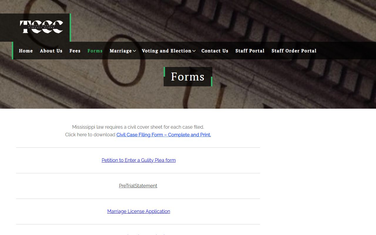 Tunica County Circuit Clerk forms page with civil and criminal court record documents