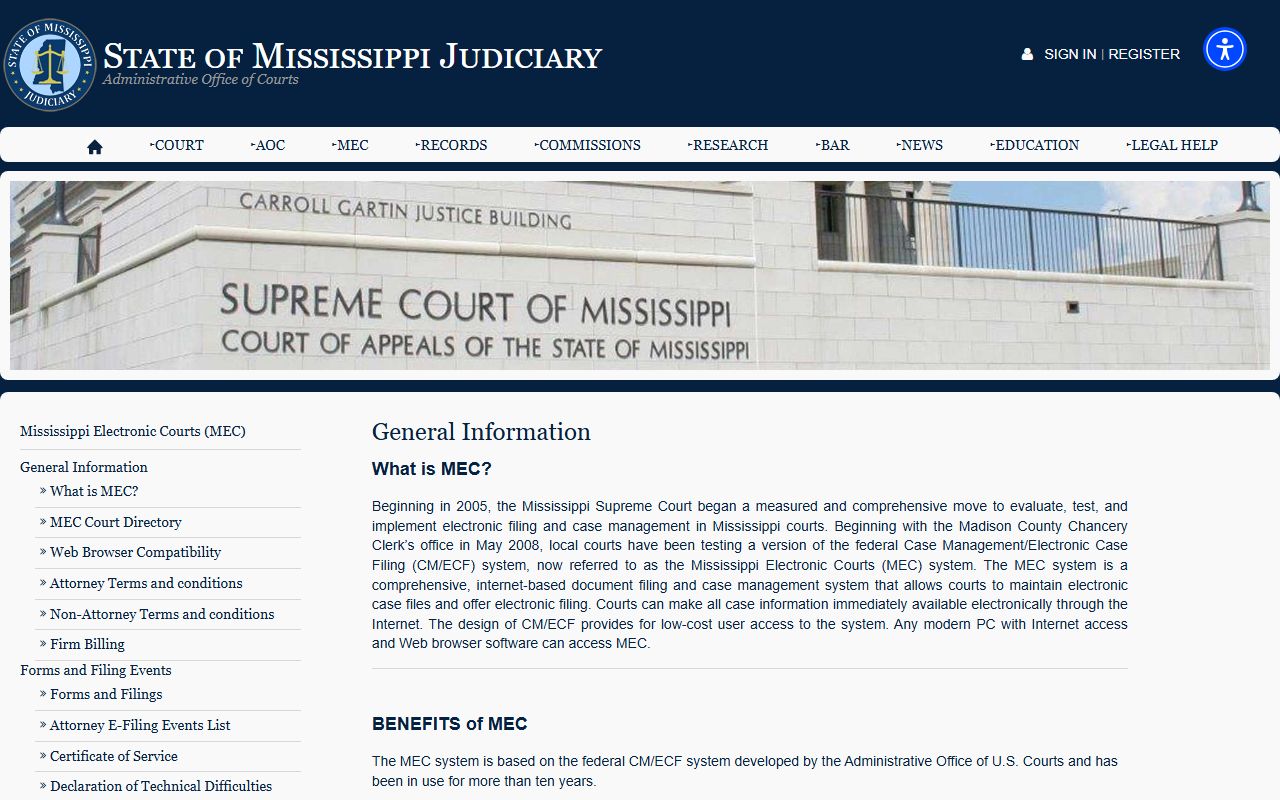 Mississippi Electronic Courts general information page for Tunica County court records
