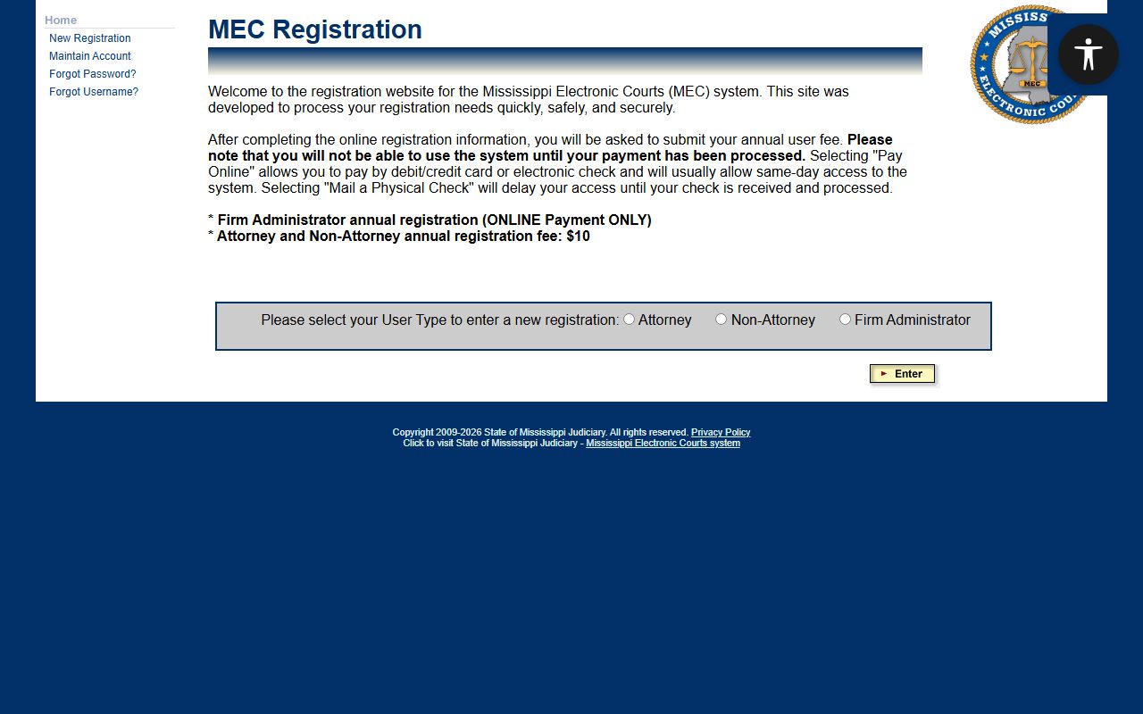 MEC online registration page used to access Tunica County court records