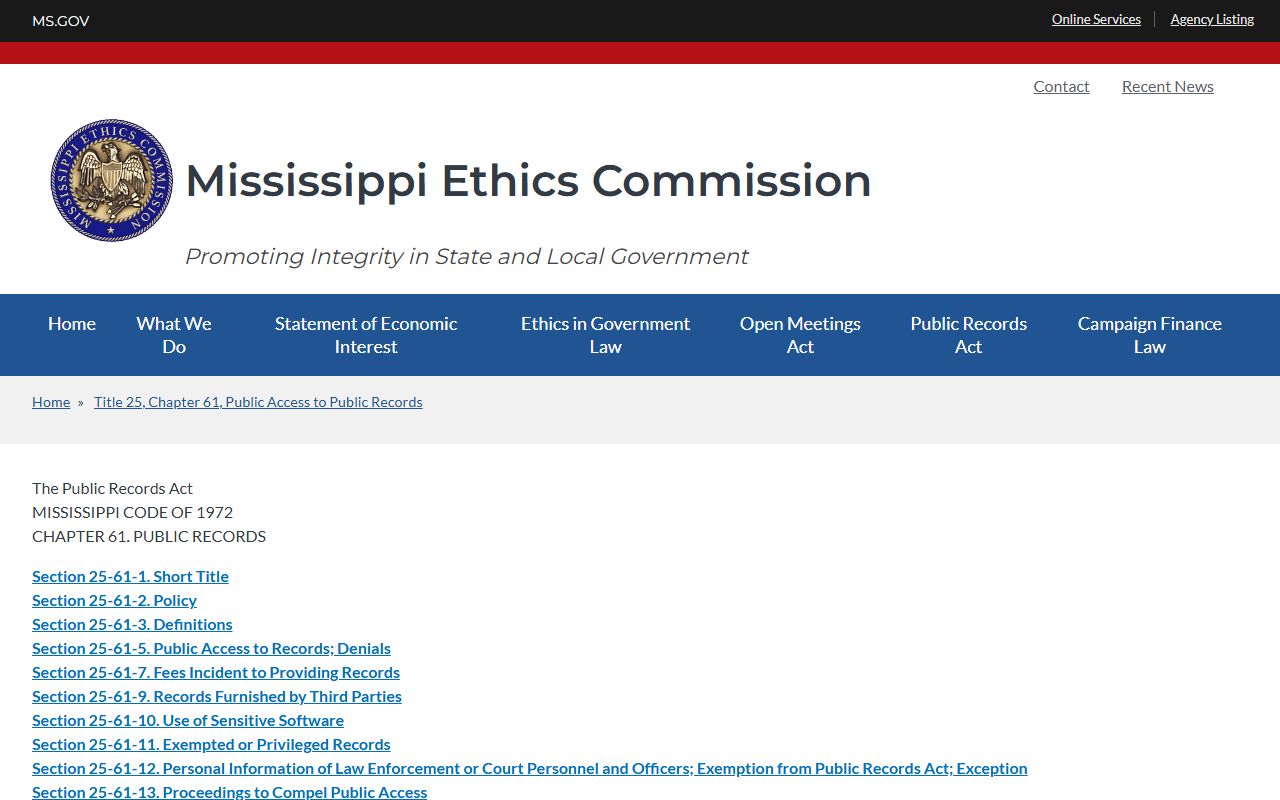 Mississippi Public Records Act page governing Tunica County court records access