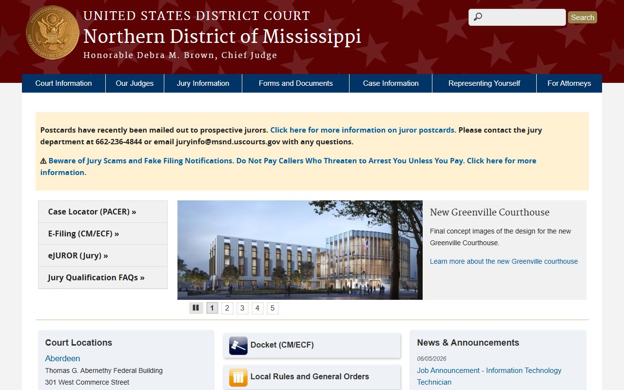 Tunica County federal district court records portal for the Northern District of Mississippi