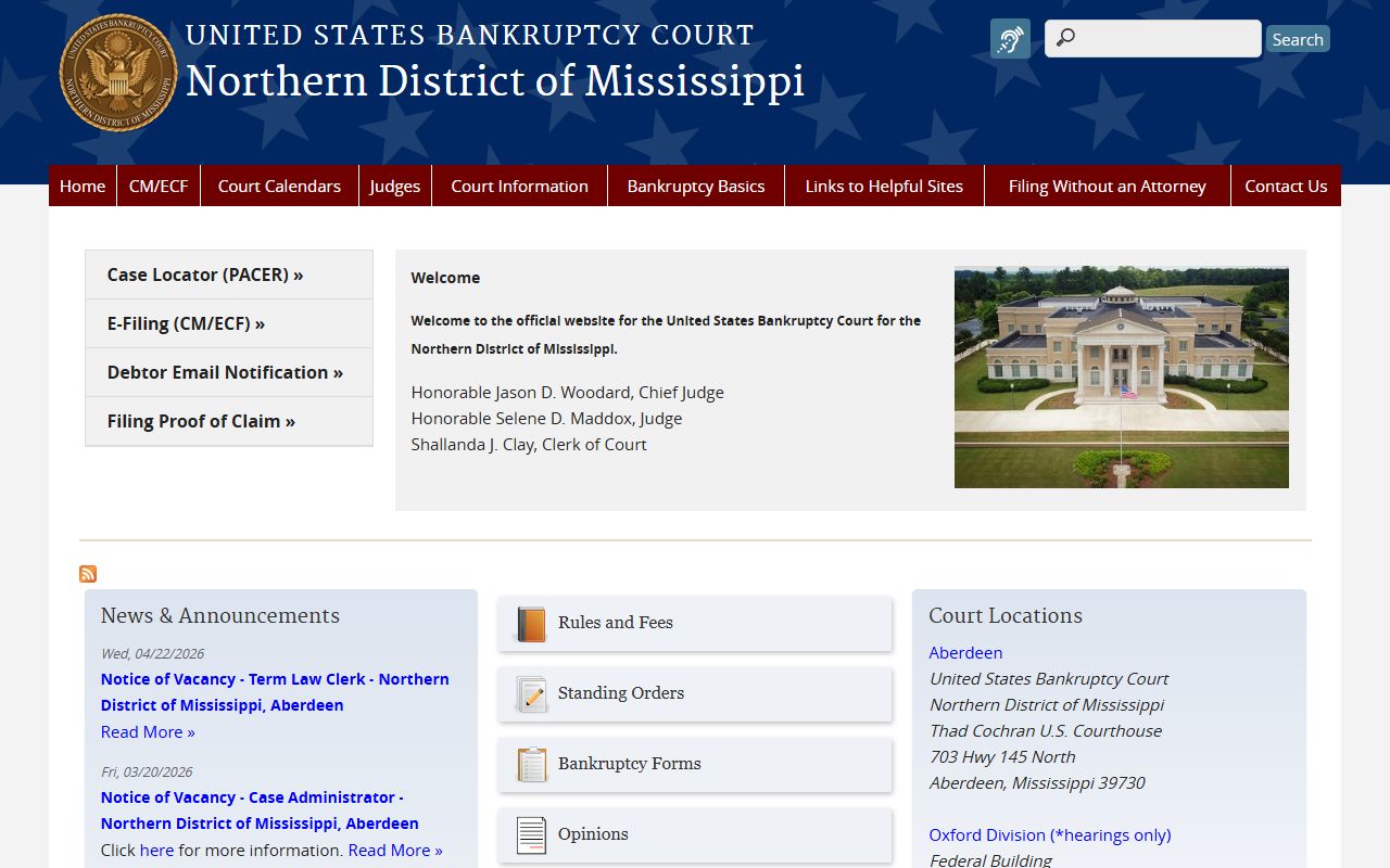 Tunica County federal bankruptcy court records site for the Northern District of Mississippi