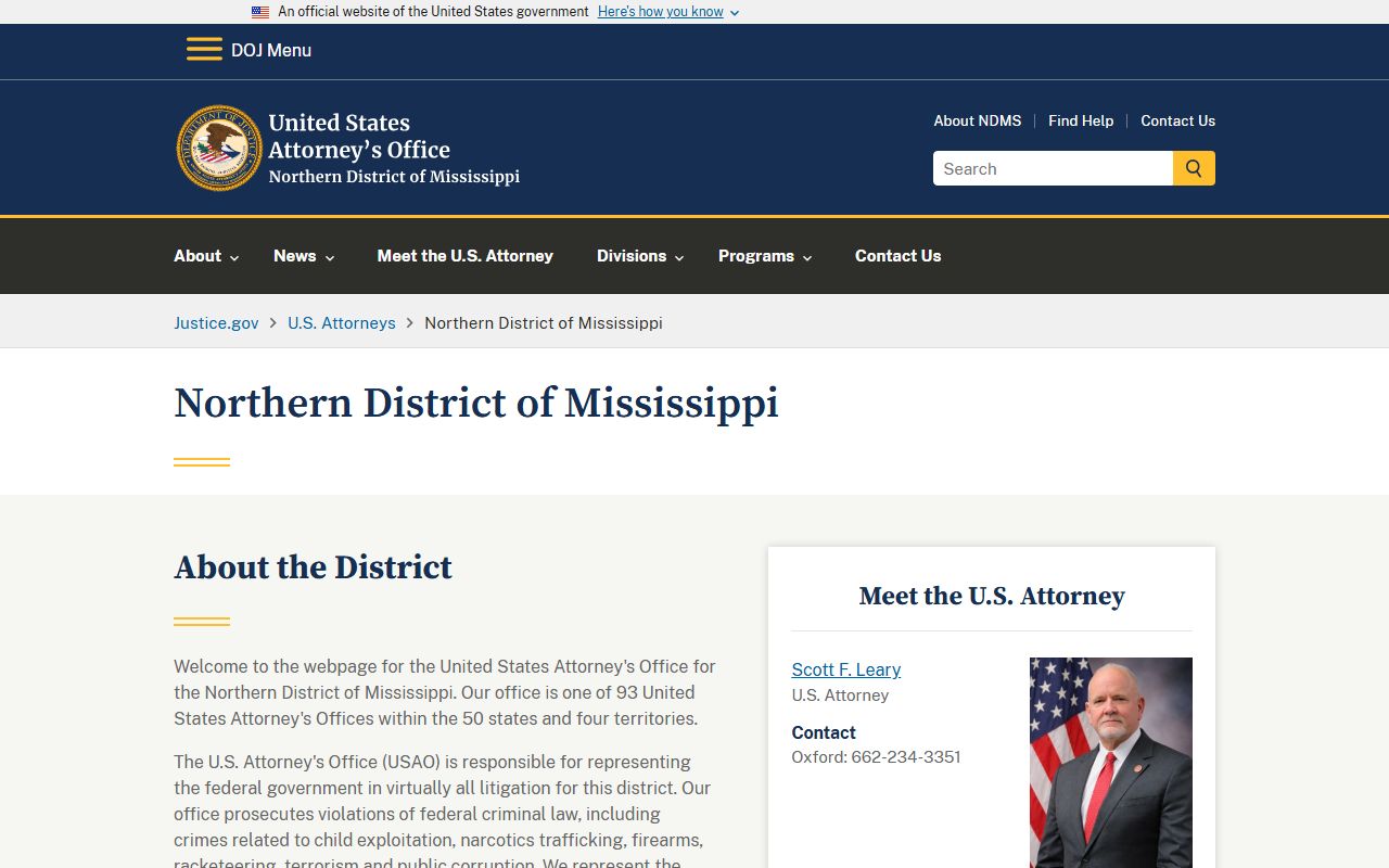 Tunica County federal prosecutor information at the U.S. Attorney for the Northern District of Mississippi
