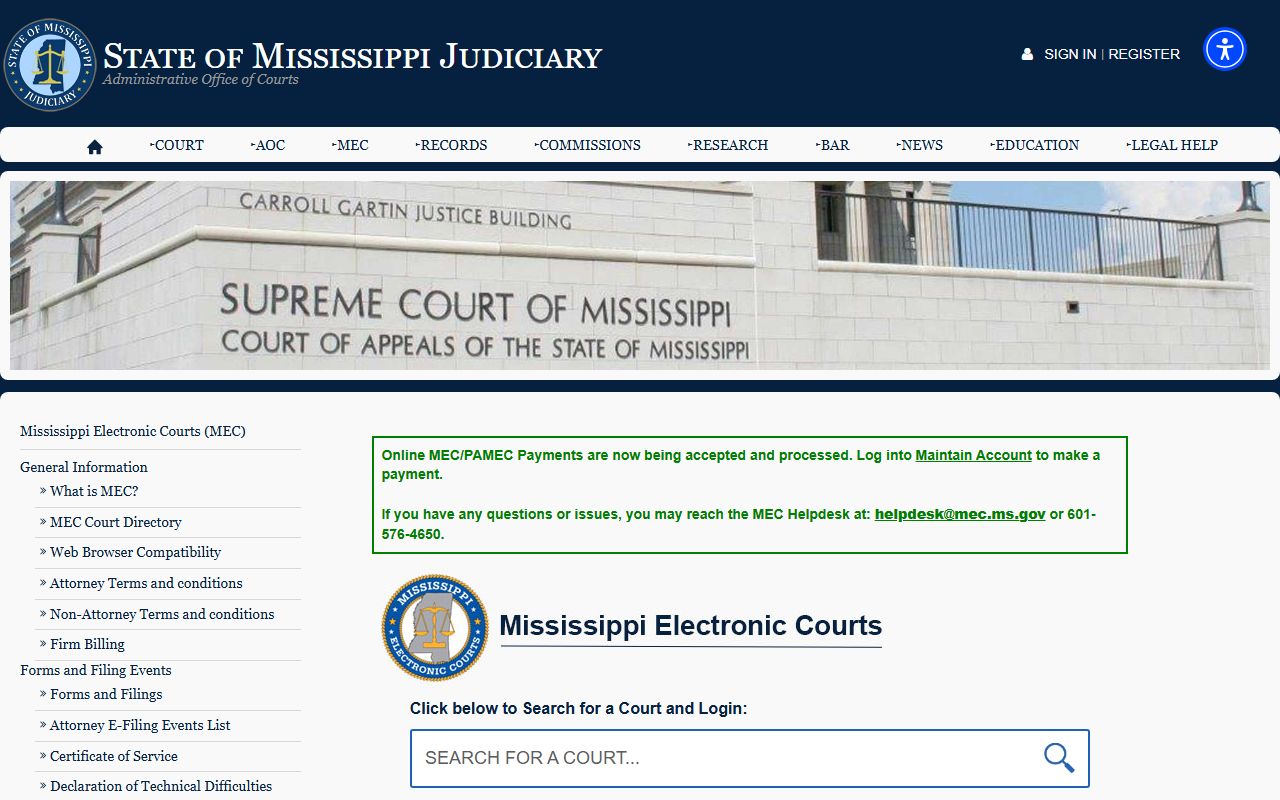 Tunica County Mississippi Electronic Courts records filing page