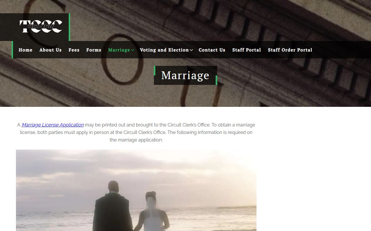 Tunica County Circuit Clerk marriage records and license page