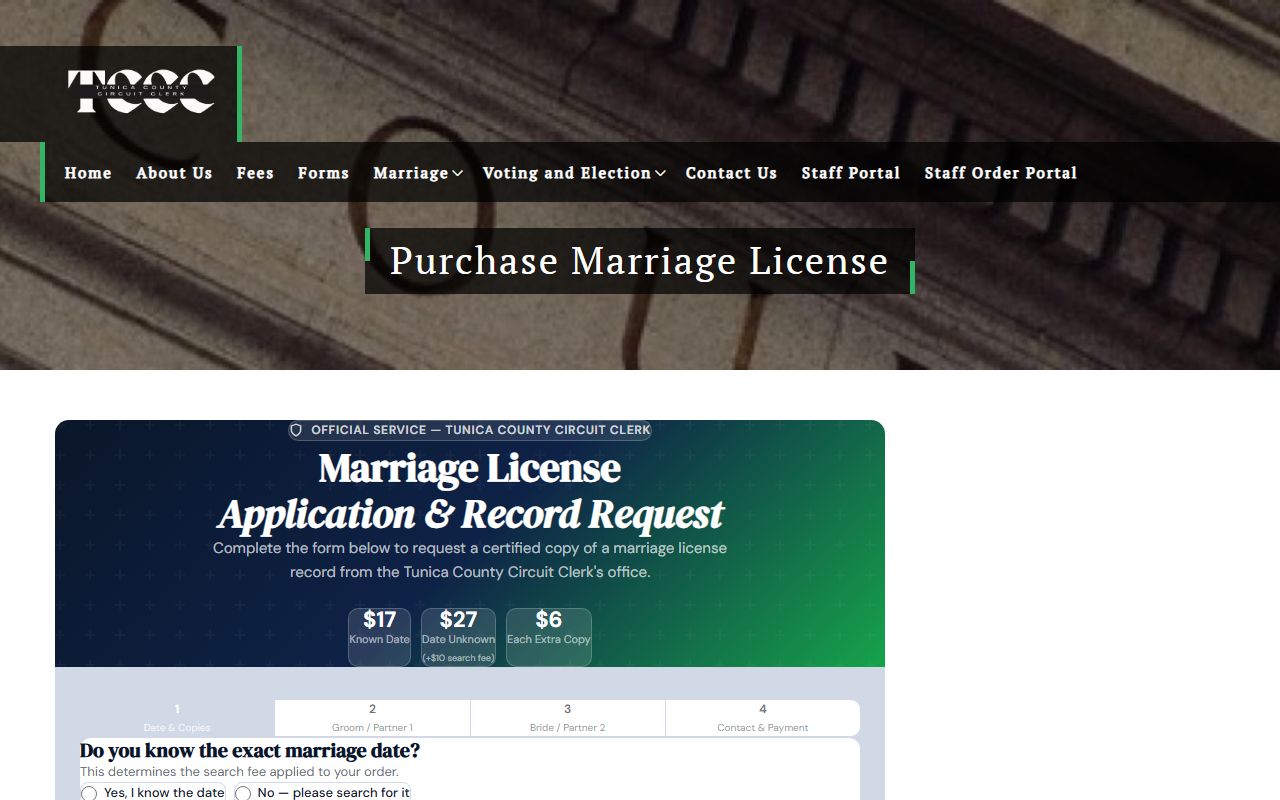 Tunica County marriage certified copy request page and pricing