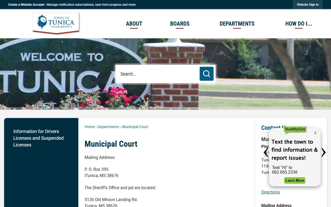 Tunica County traffic court records Town of Tunica Municipal Court page