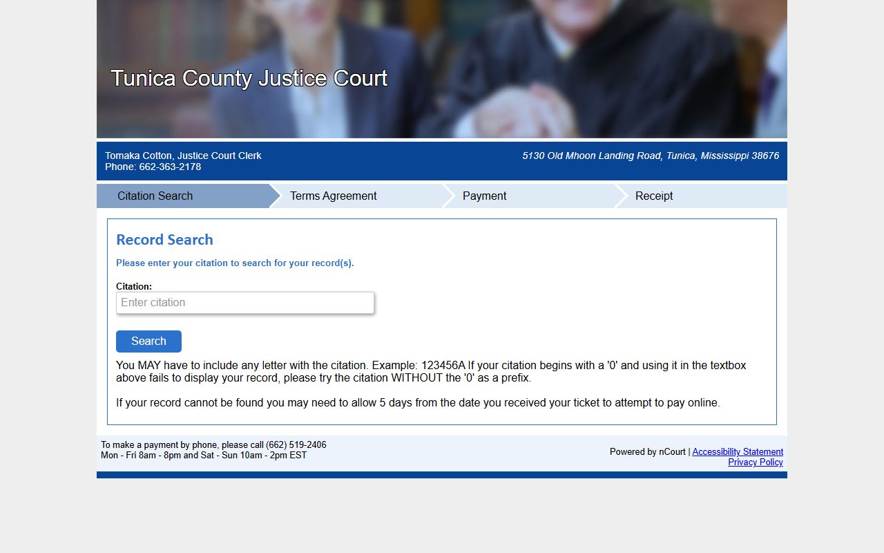 Tunica County Justice Court traffic court records nCourt payment portal
