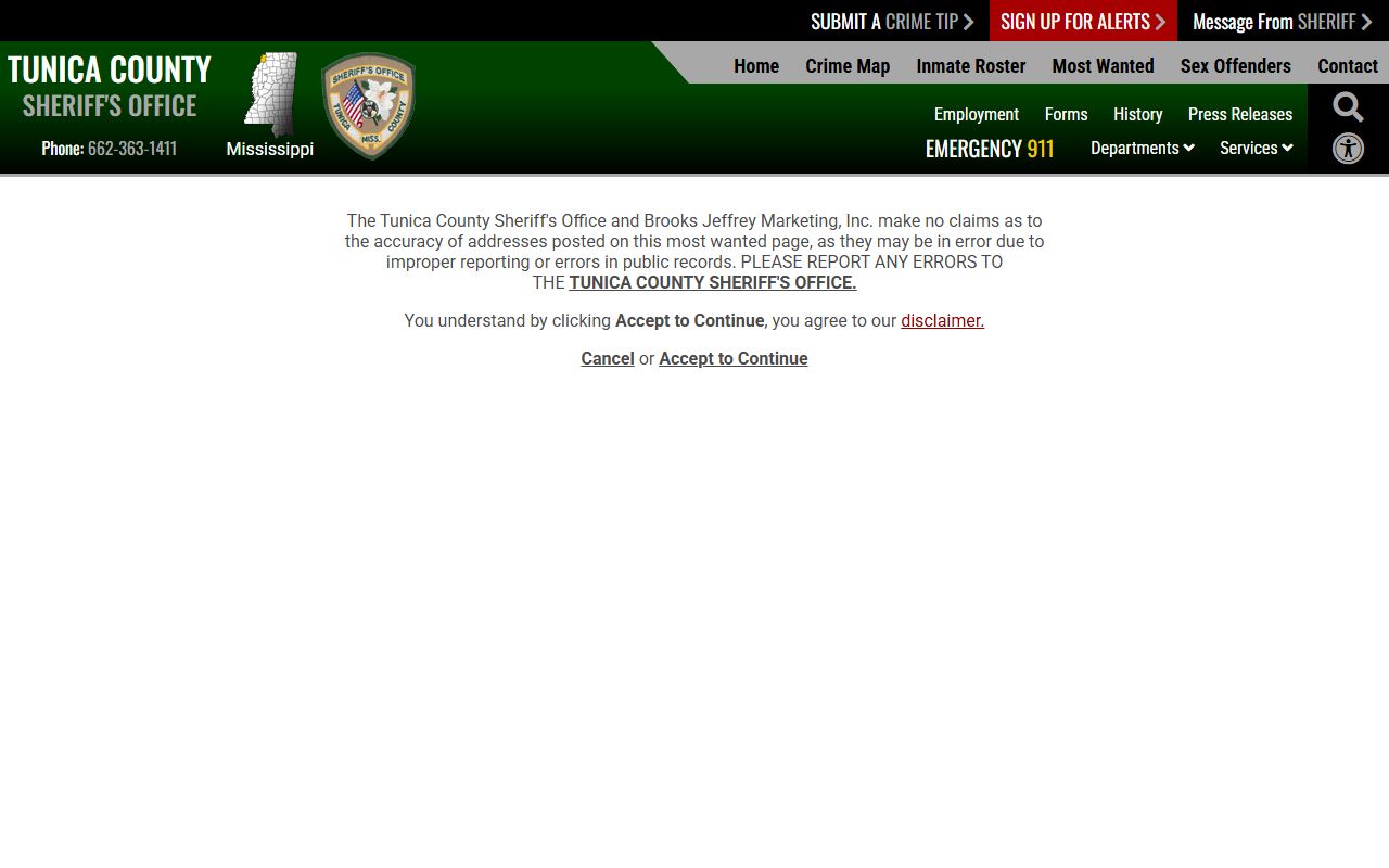 Tunica County warrant records Most Wanted disclaimer page
