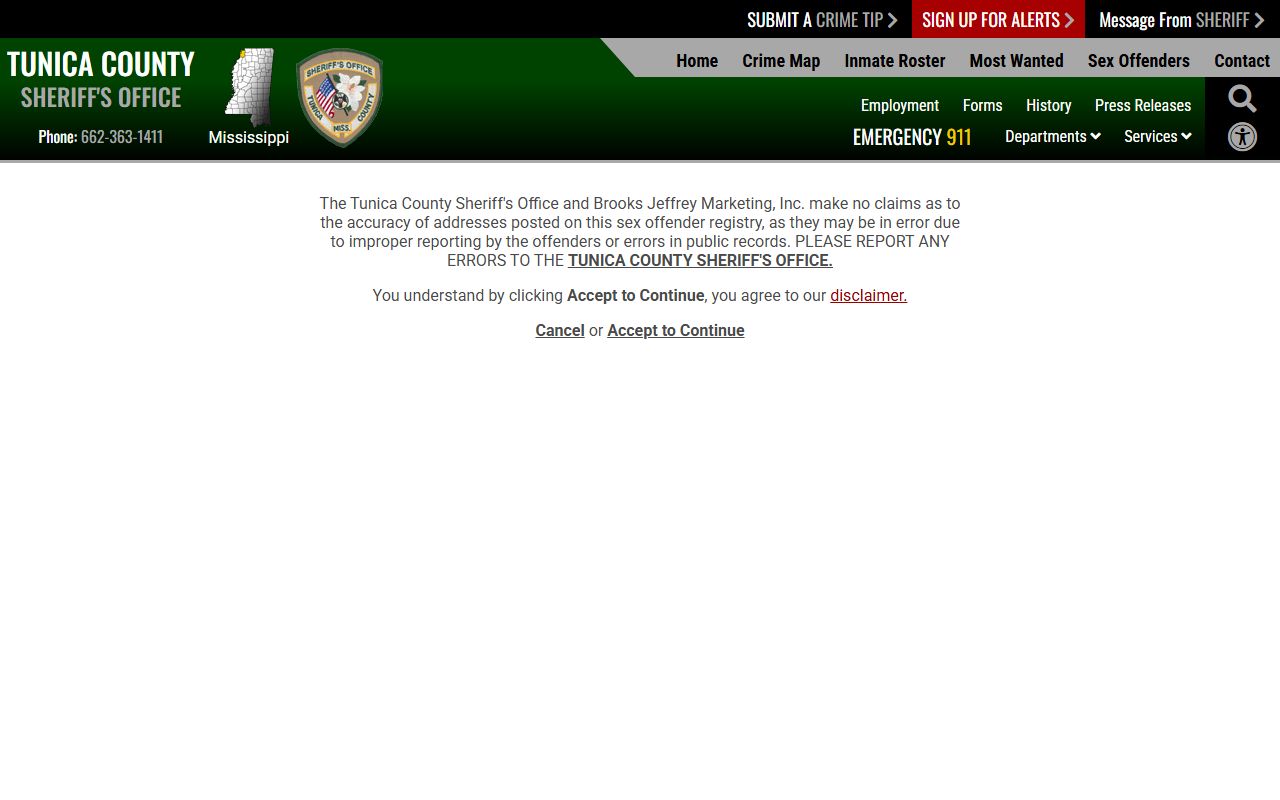 Tunica County warrant records sex offender disclaimer page