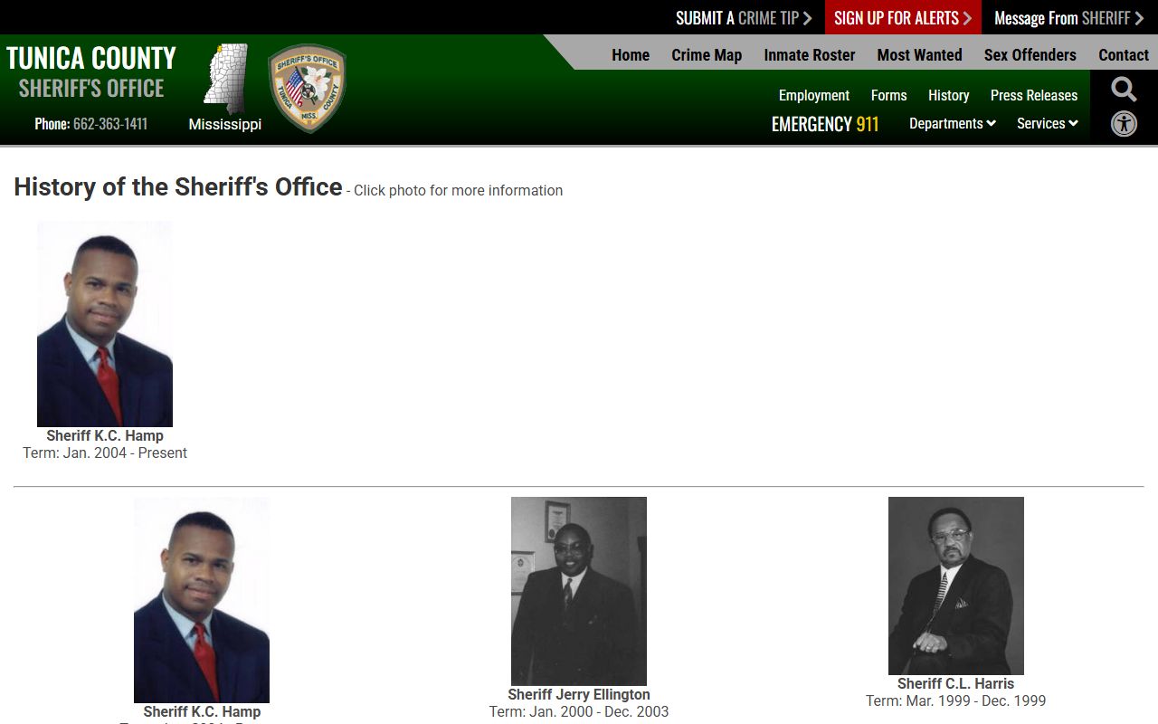 Tunica County warrant records Sheriff history page